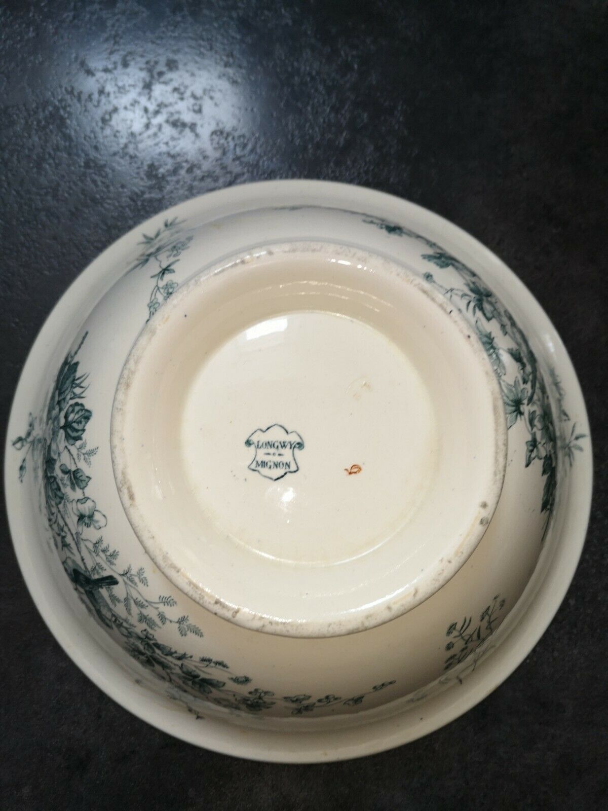 Old dish type bowl on foot, earthenware Iron earth blue Longwy Cute Birds Ø 27 cm