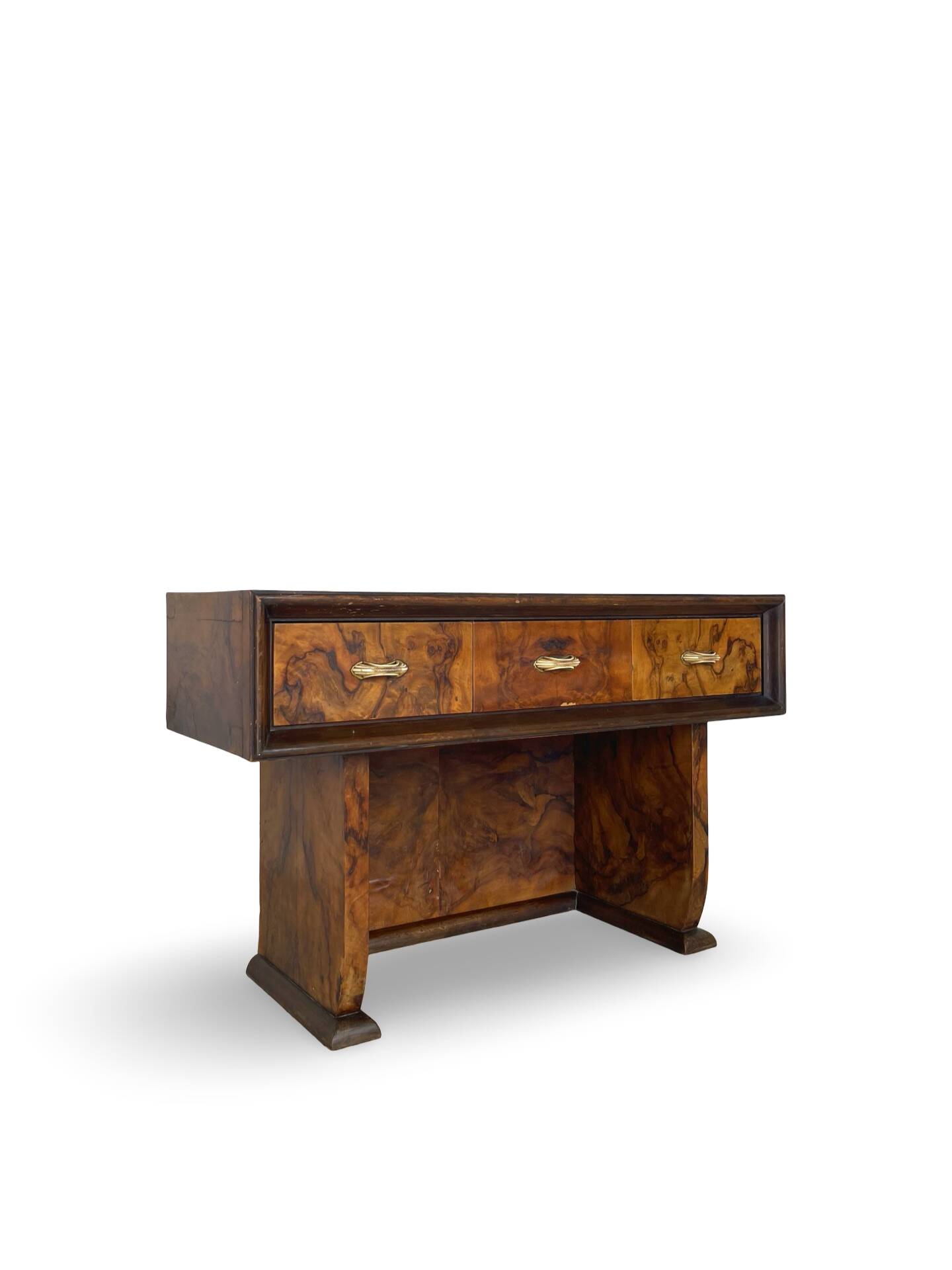 Italian burl walnut art deco console table, 1930s.