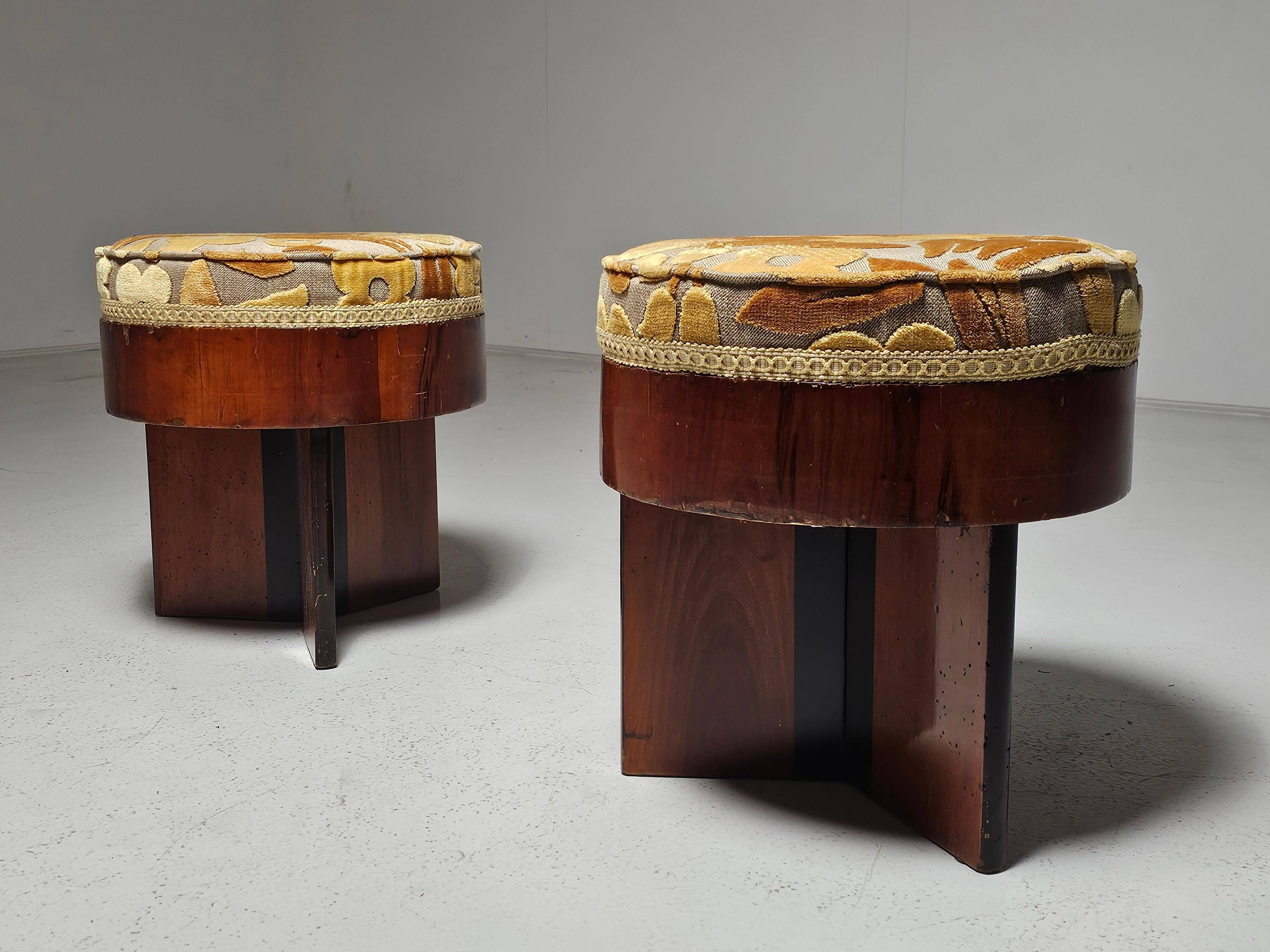 Art Deco stools in walnut and floral printed fabric, Italy.