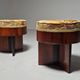 Art Deco stools in walnut and floral printed fabric, Italy.