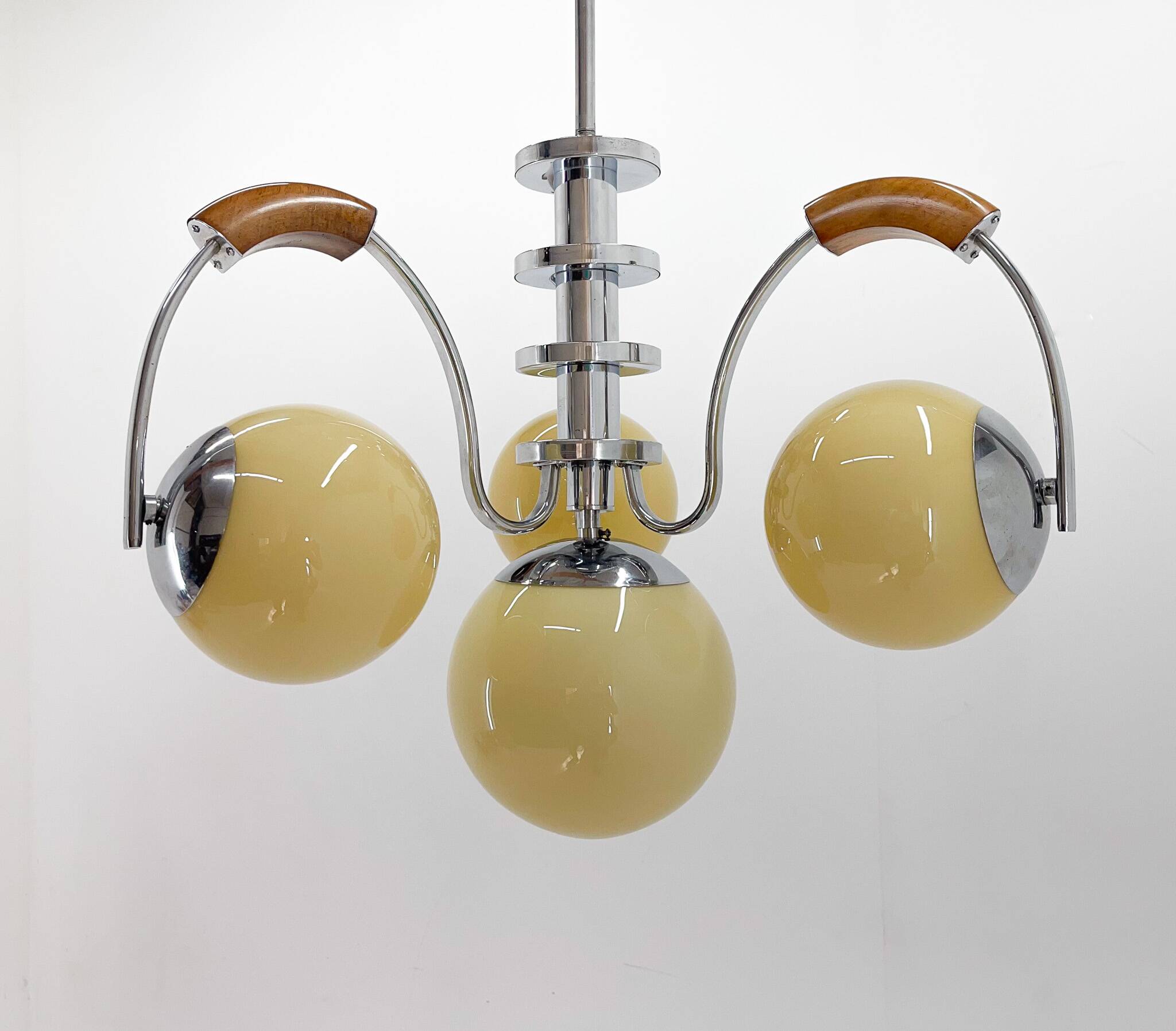Lustre Art Déco Chrome & Bois, Restauré, Tchécoslovaquie