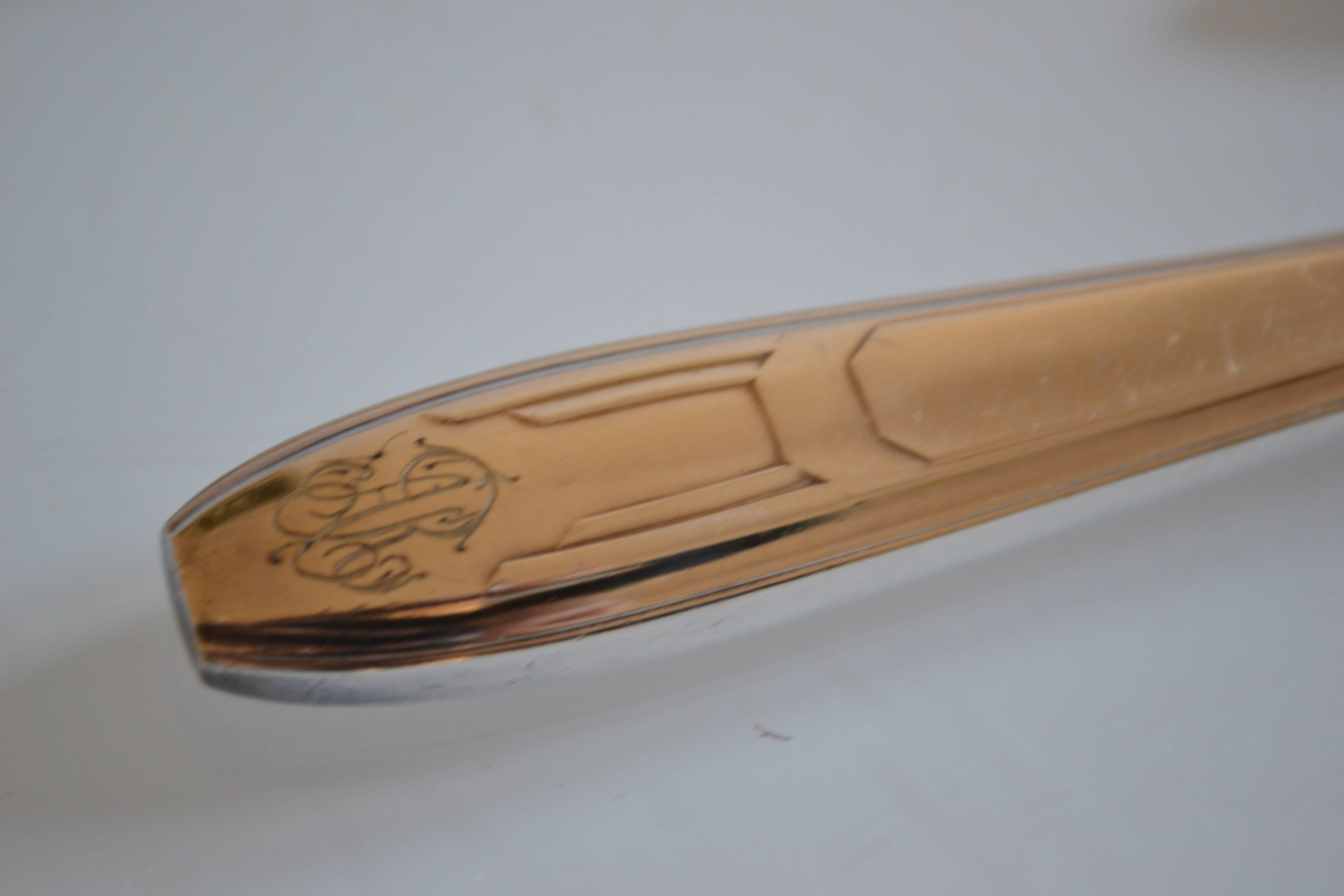 12 art deco silver metal dessert or cheese knives 20.5 cm AR monogram