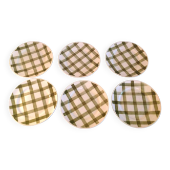 Suite de six assiettes à dessert Moulin des Loups modele Nappe vert/ années 50-60