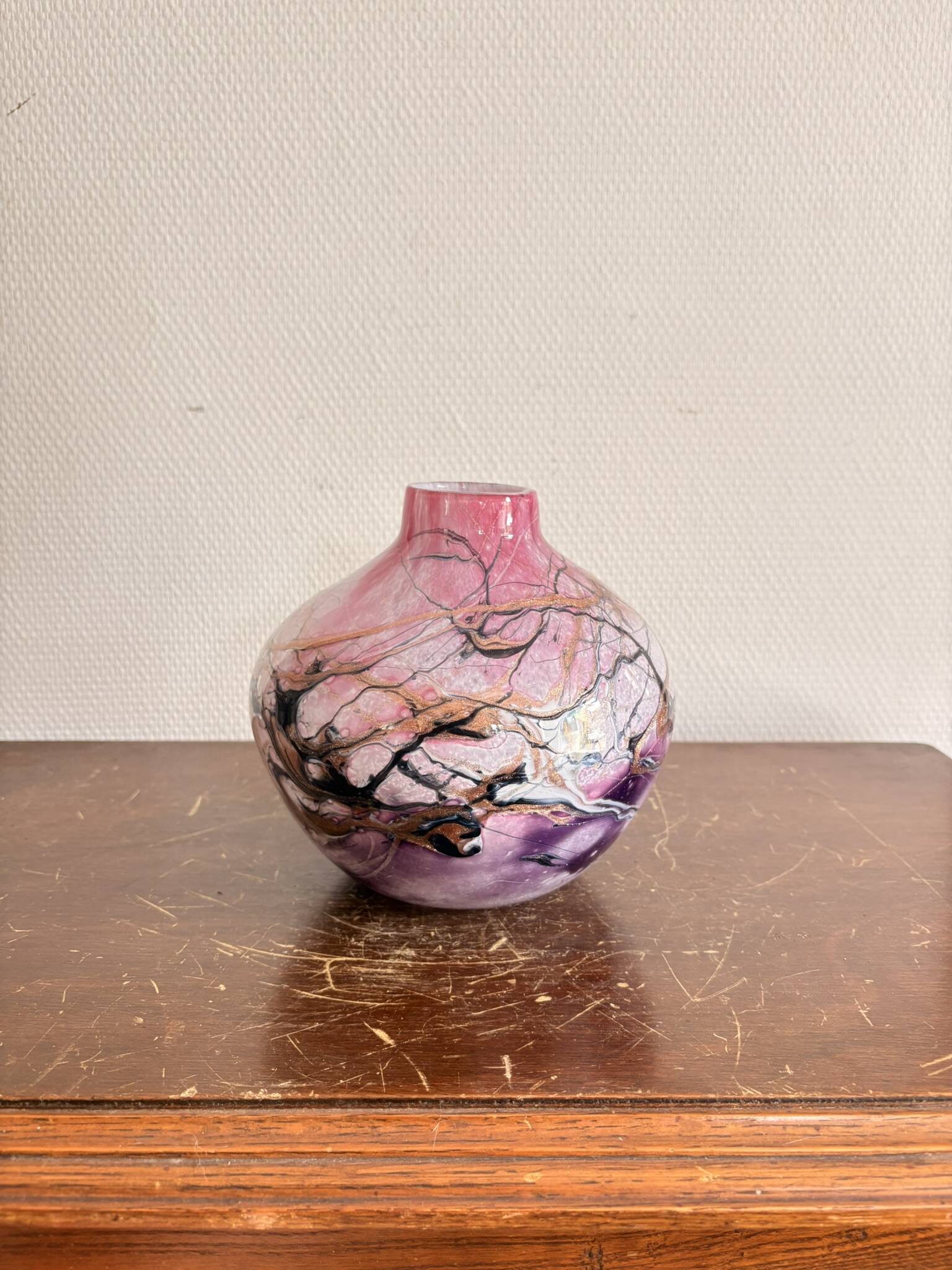 Michele Luzoro Round Vase Biot Glassworks Blown Glass Rose Gold Inclusion
