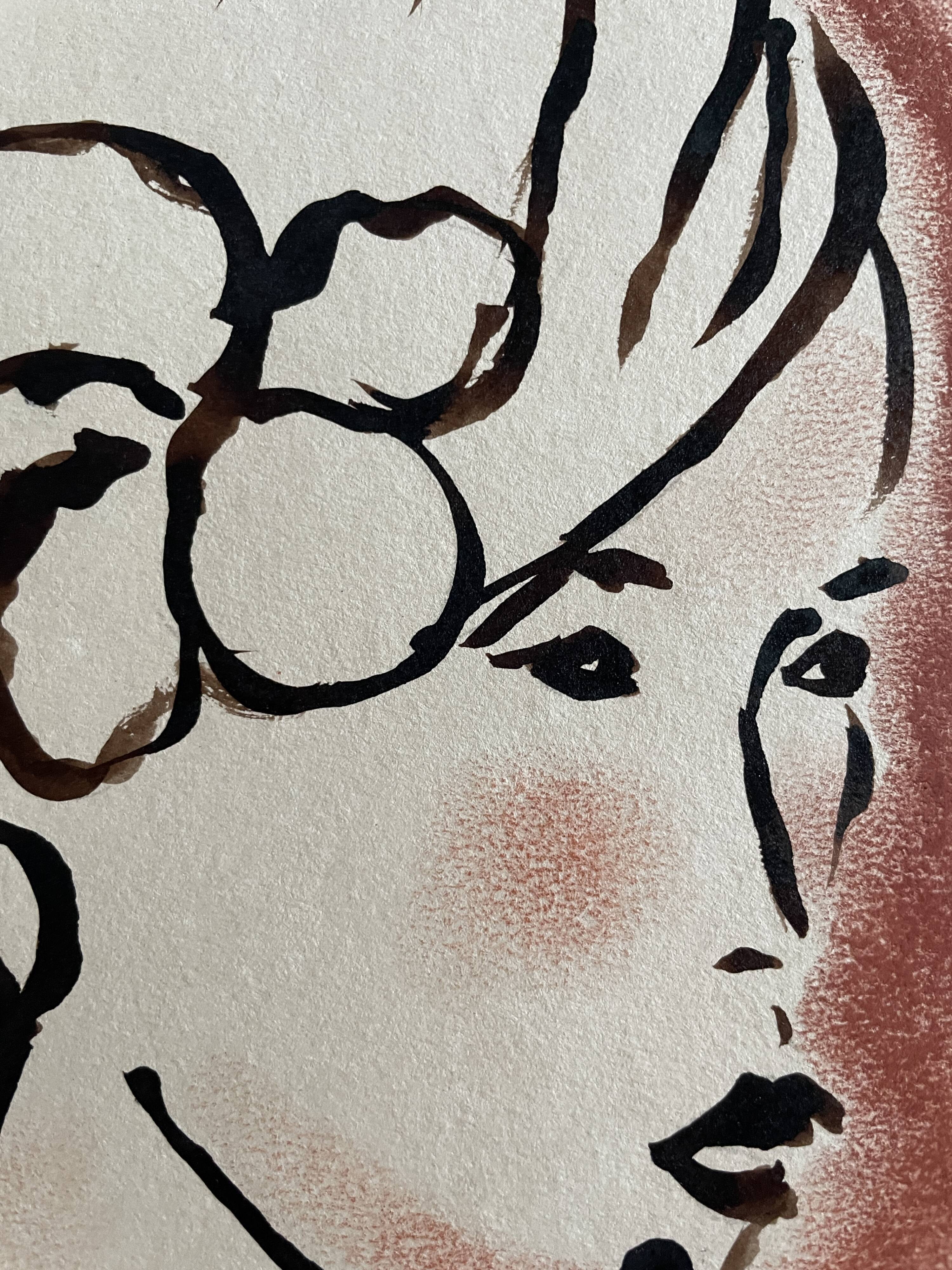 Signed painting in Indian ink and pastel, female portrait “study with a curl”