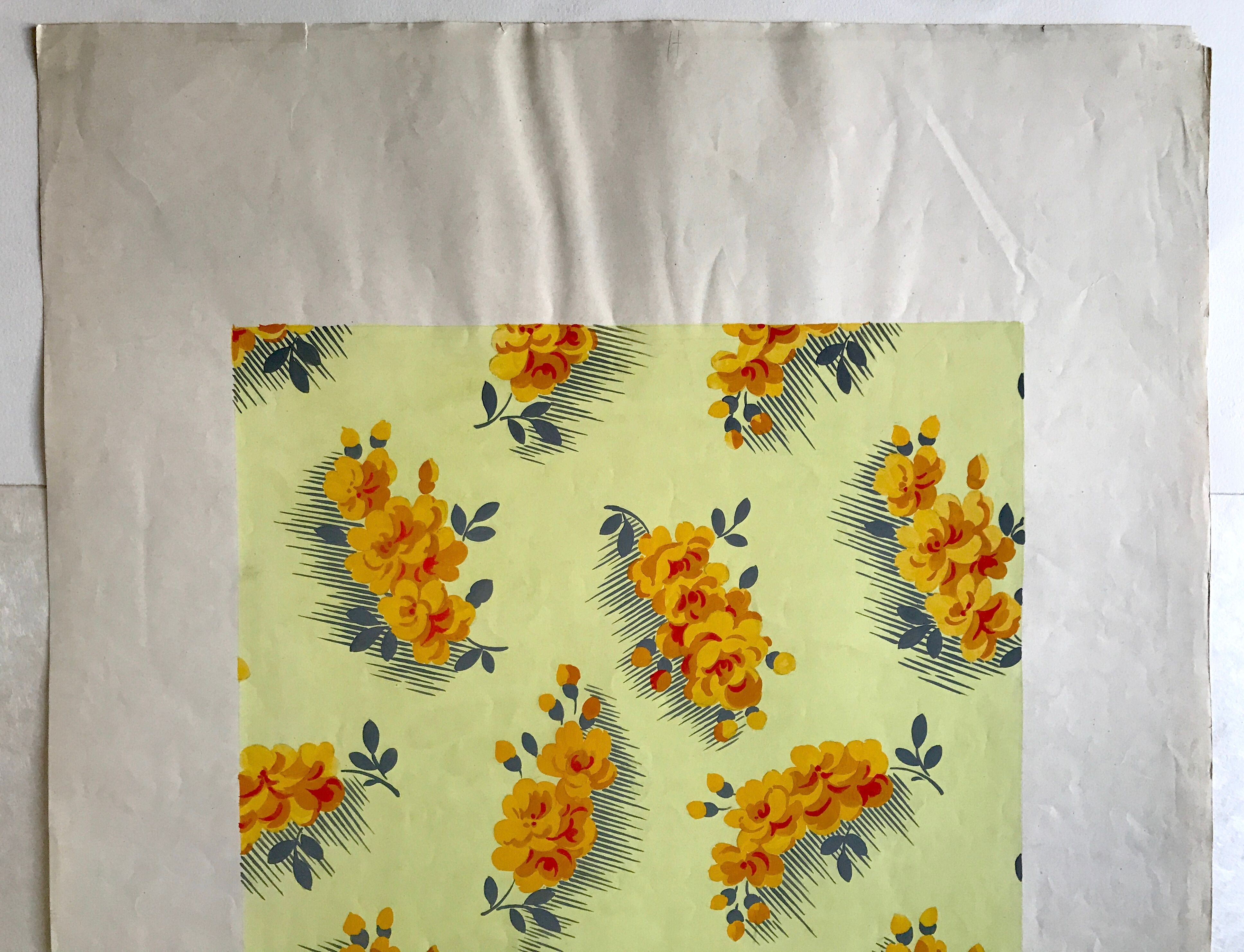 Original gouache on paper from Editions JEHLEM, floral decoration (yellow), twentieth century, Paris
