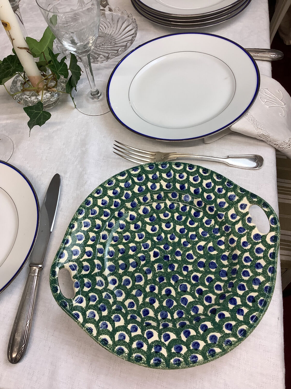 Round dish with old handles made in France Sarreguemines U&C