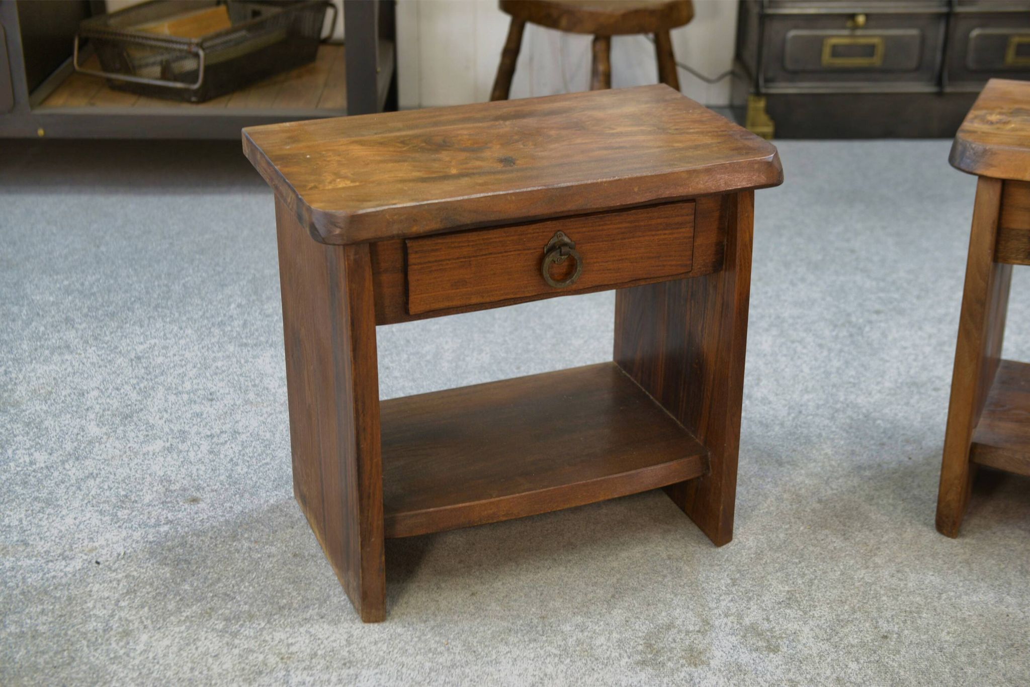 Brutalist pair of nightstands in solid elm by Aranjou 1960
