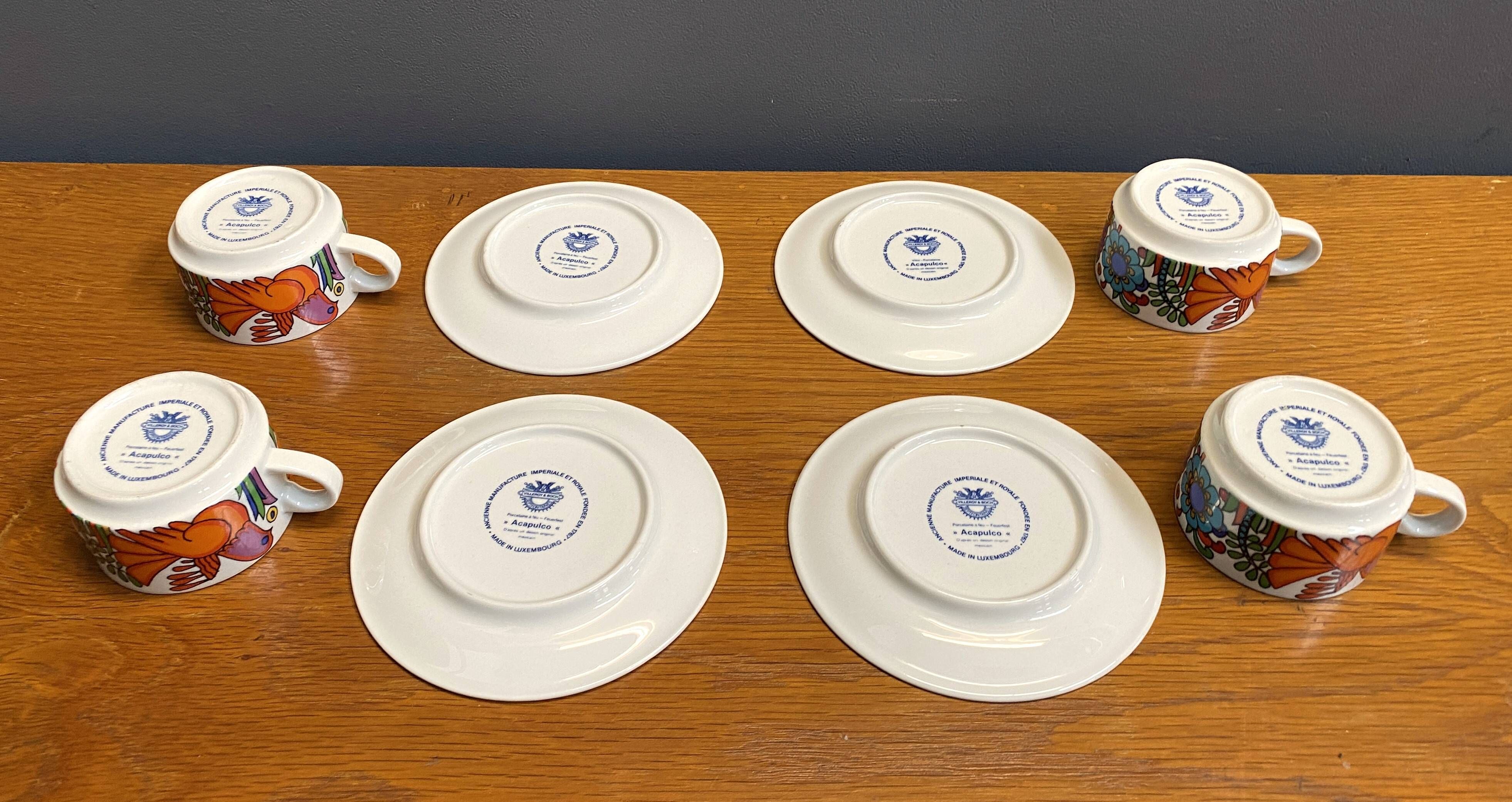 Set of 4 Mokka cups and saucers, acapulco design by villeroy & boch.