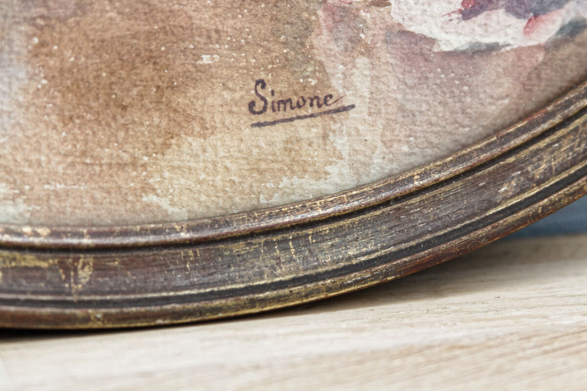 Still life, Watercolor with anemones, signed, oval frame