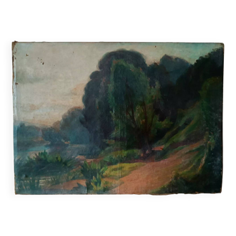 Oil painting on canvas impressionist France 19th century landscape trees