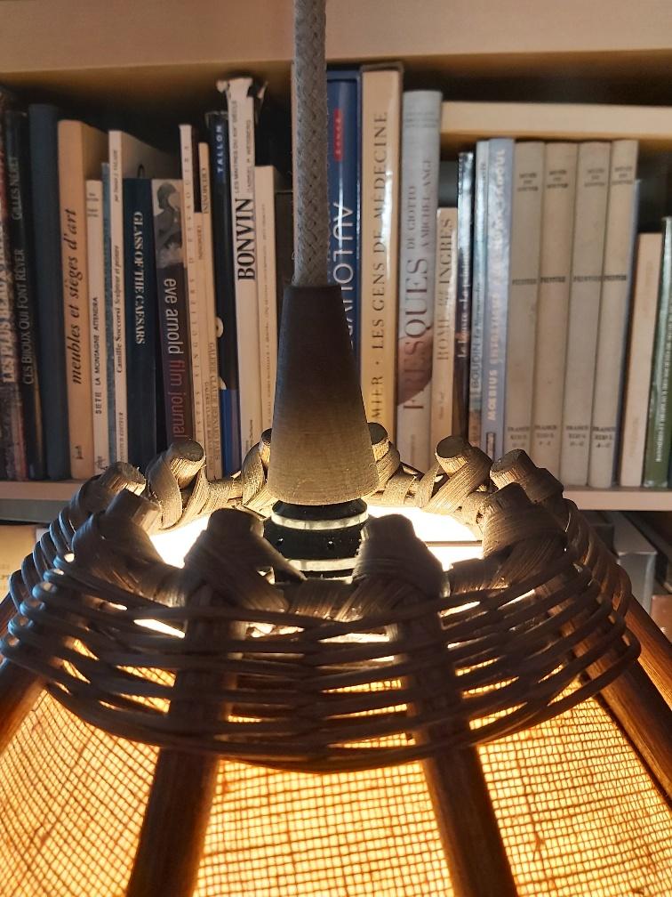 Scandinavian rattan hanging lamp, wood and vintage fabric