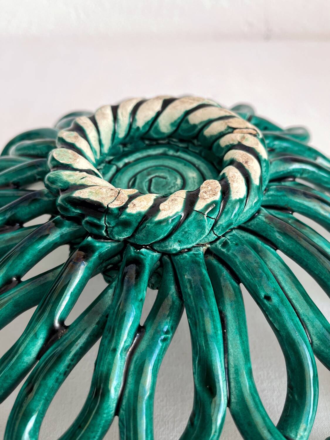 Vintage Vallauris green woven ceramic fruit bowl