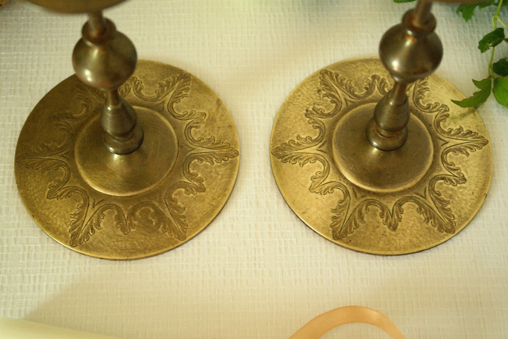 Pair of vintage engraved brass candle holders
