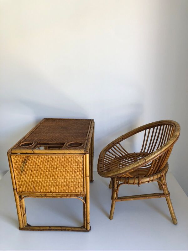 Bureau enfant en rotin avec son fauteuil