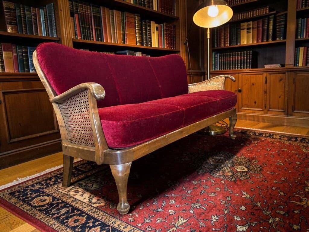 Vintage red wine baroque armchair/sofa/lounge with caning