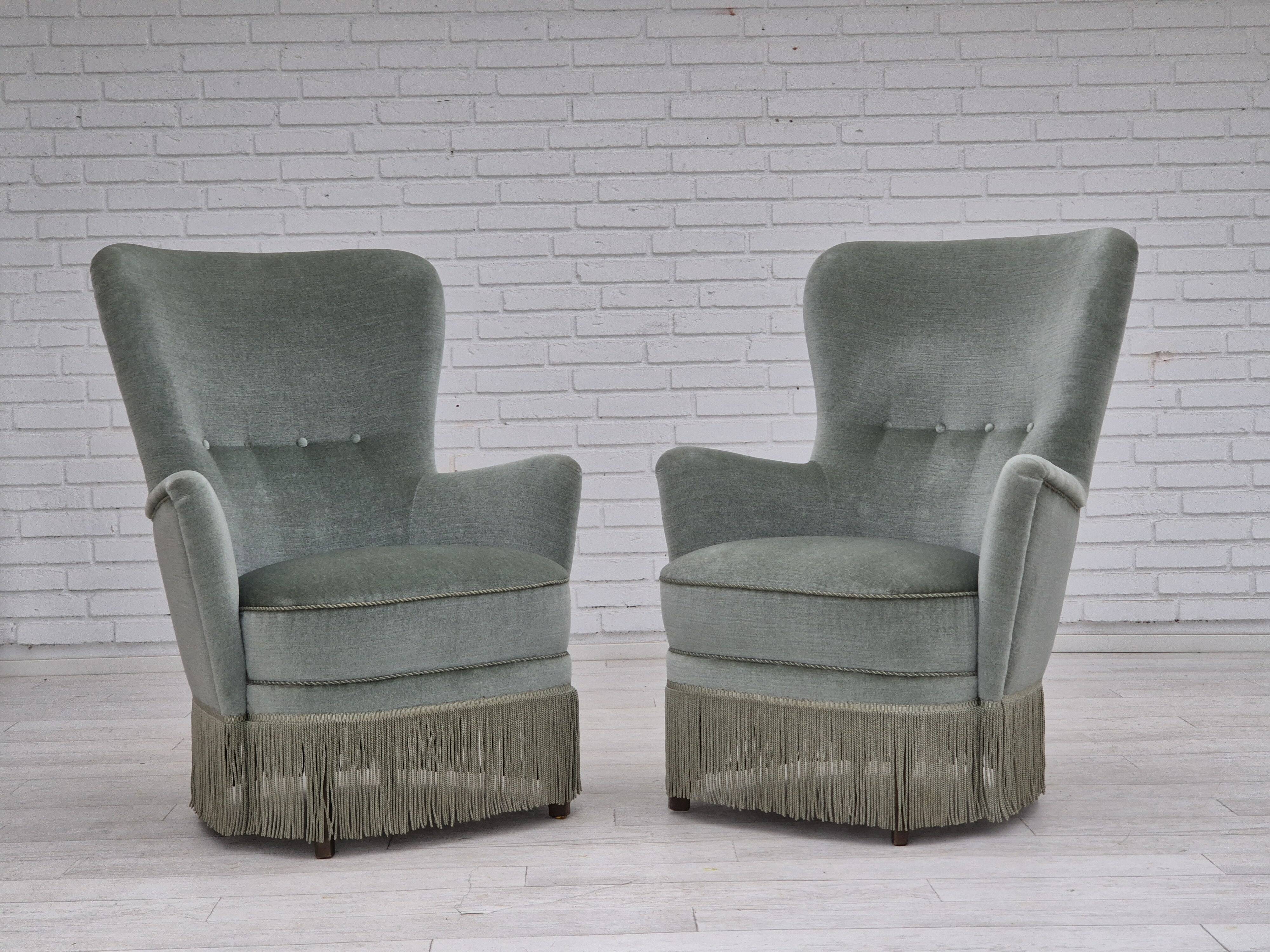 1970s, Danish armchair, original condition, furniture velour, beech wood legs.