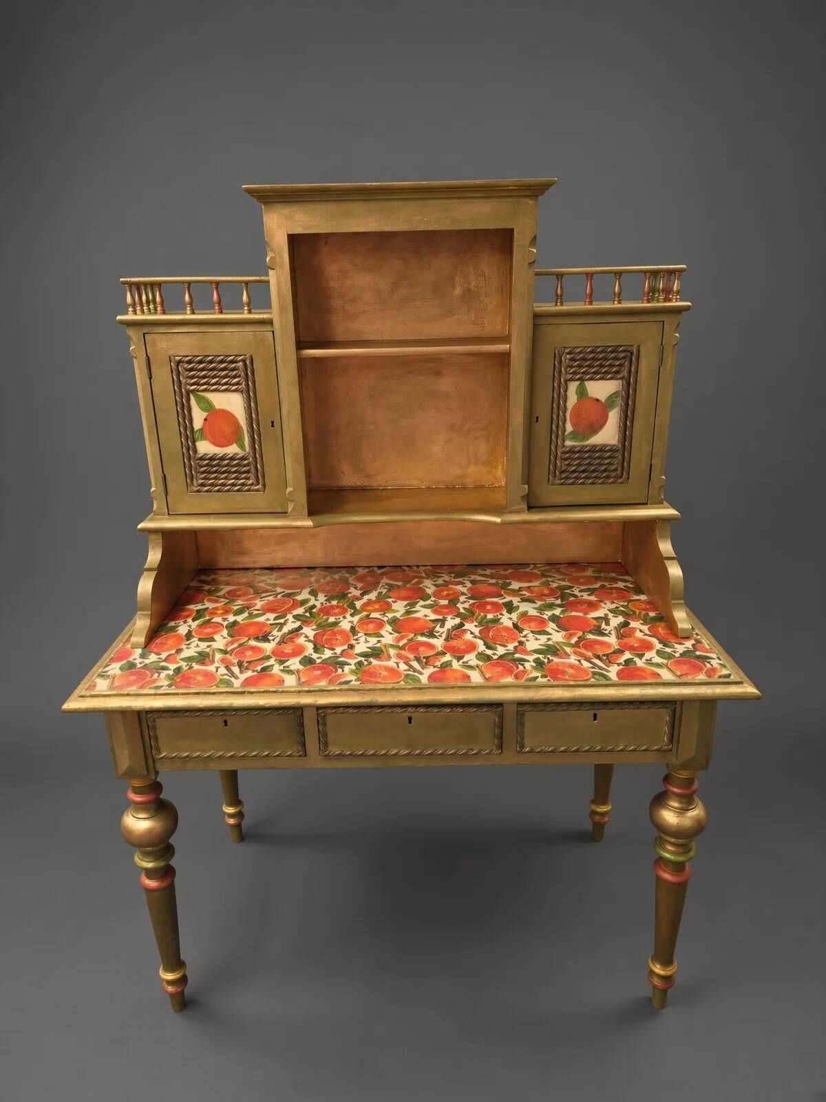 Antique Norwegian secretary desk | Restored gold & green fruit decoupage
