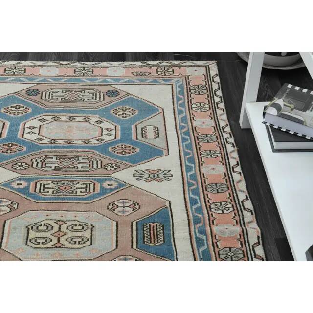 1970s Vintage Turkish Handmade Wool & Cotton Beige Area Rug 115x183