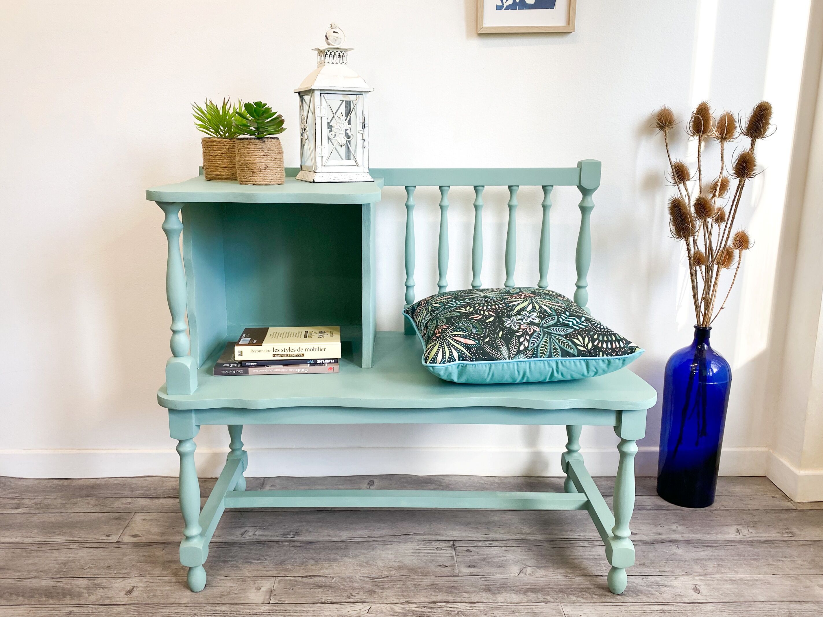 Restyled green phone bench and cushion