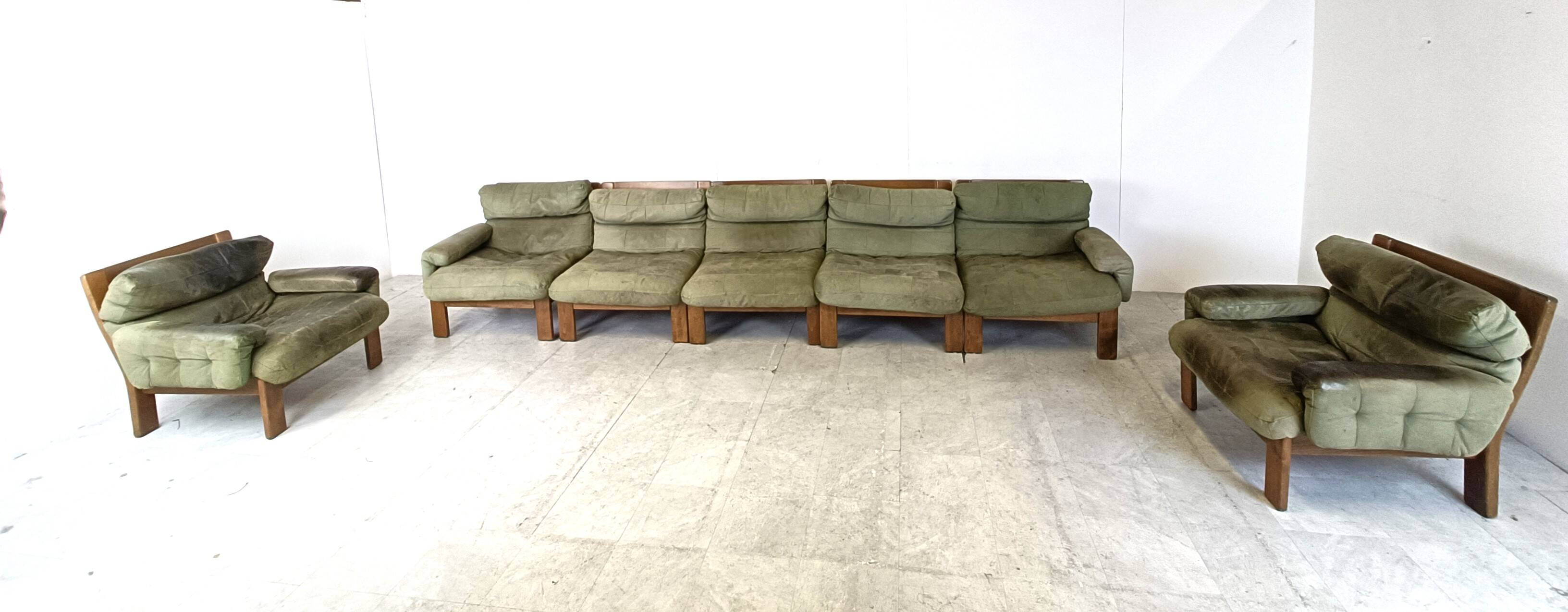 Vintage modular green leather sofa, 1960s