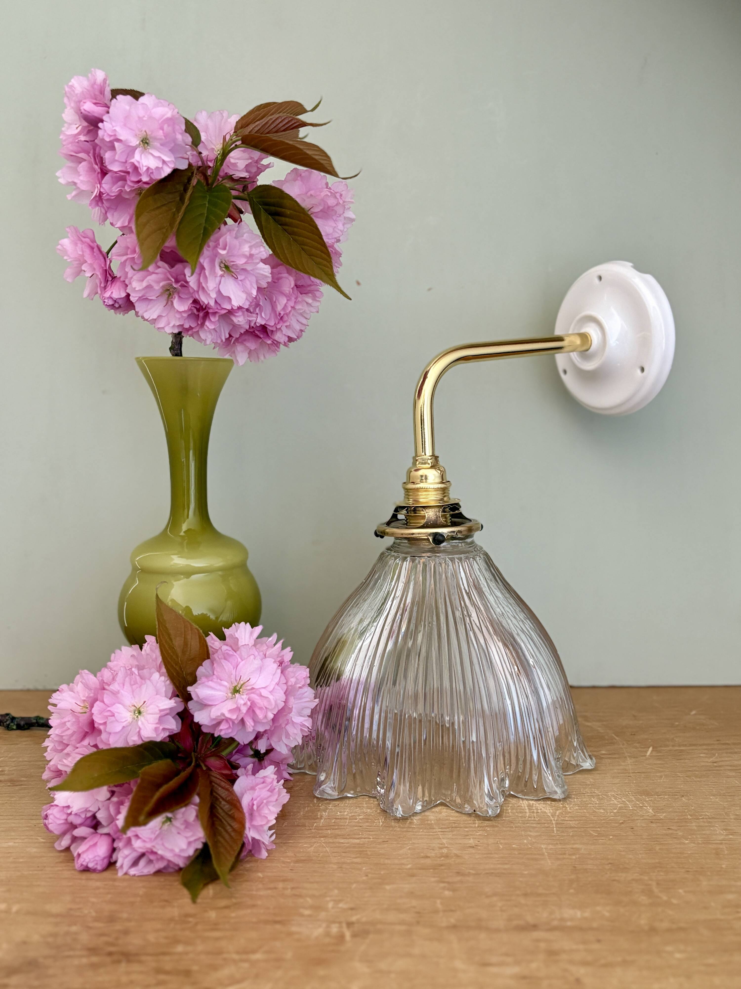 Elbow wall lamp with vintage holophane glass shade