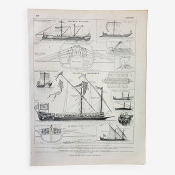Old engraving 1898, Galley, boat, ship, sail • Lithograph, Original plate