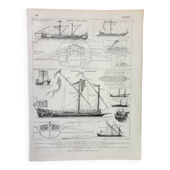 Gravure ancienne 1898, Galère, bateau, navire, voile • Lithographie, Planche originale