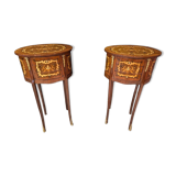 Pair of narrow Louis XV style bedside tables in marquetry