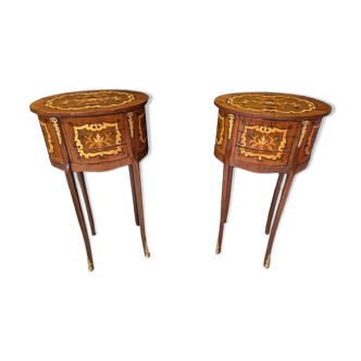 Pair of narrow Louis XV style bedside tables in marquetry