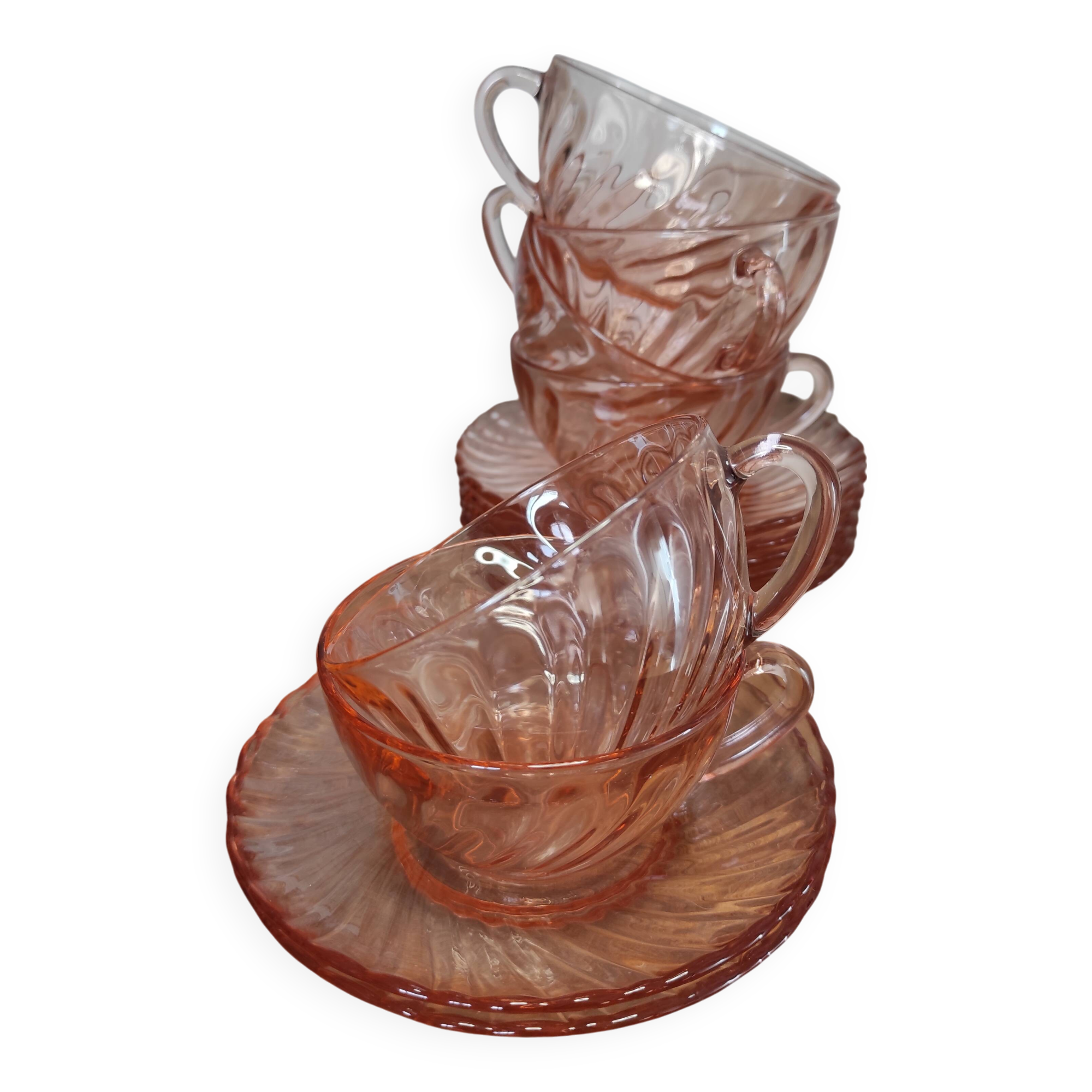 Set of 6 Rosaline Coffee Cups with Saucers in Translucent Glass