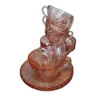 Set of 6 Rosaline Coffee Cups with Saucers in Translucent Glass