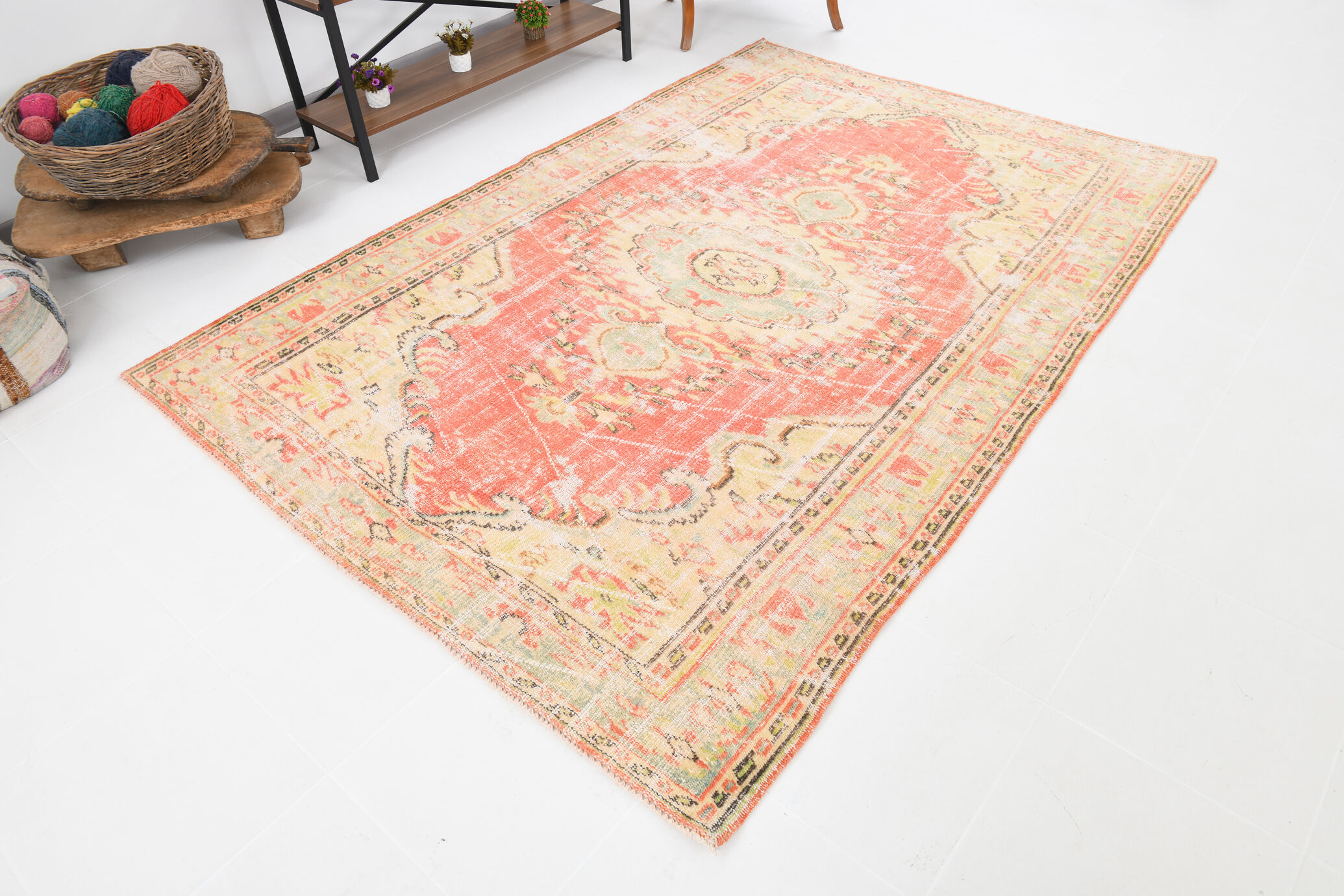 Peach red & beige handmade vintage rug, 175x251cm