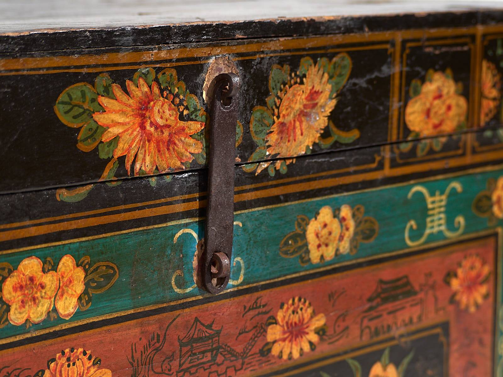 Antique Chinese Dark Colored Trunk with Floral Motifs (c.1900) #2