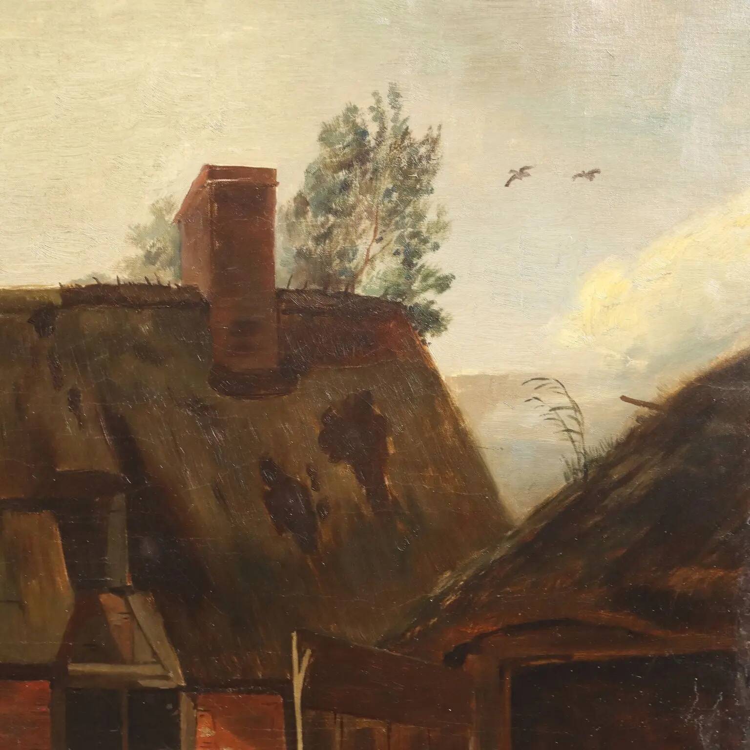 Peinture ancienne scène champêtre, huile sur toile, Europe du Nord '800