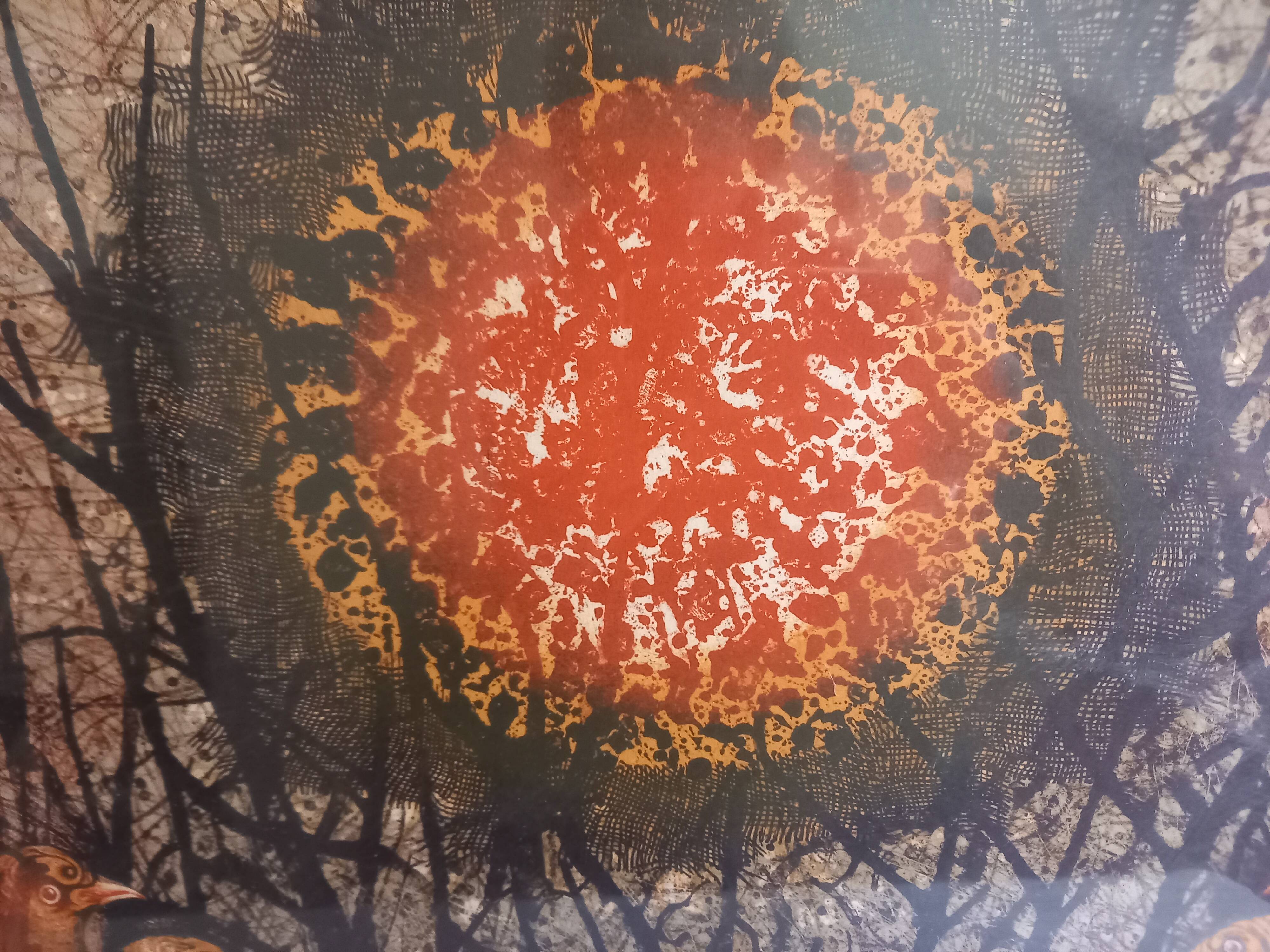 Original lithograph by Pierre-Henri Jacquot (1929-2009), birds and sun, framed and signed