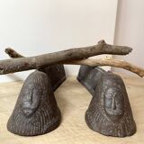 Pair of modernist anthropomorphic fireplace andirons, brutalist log holders 1950s