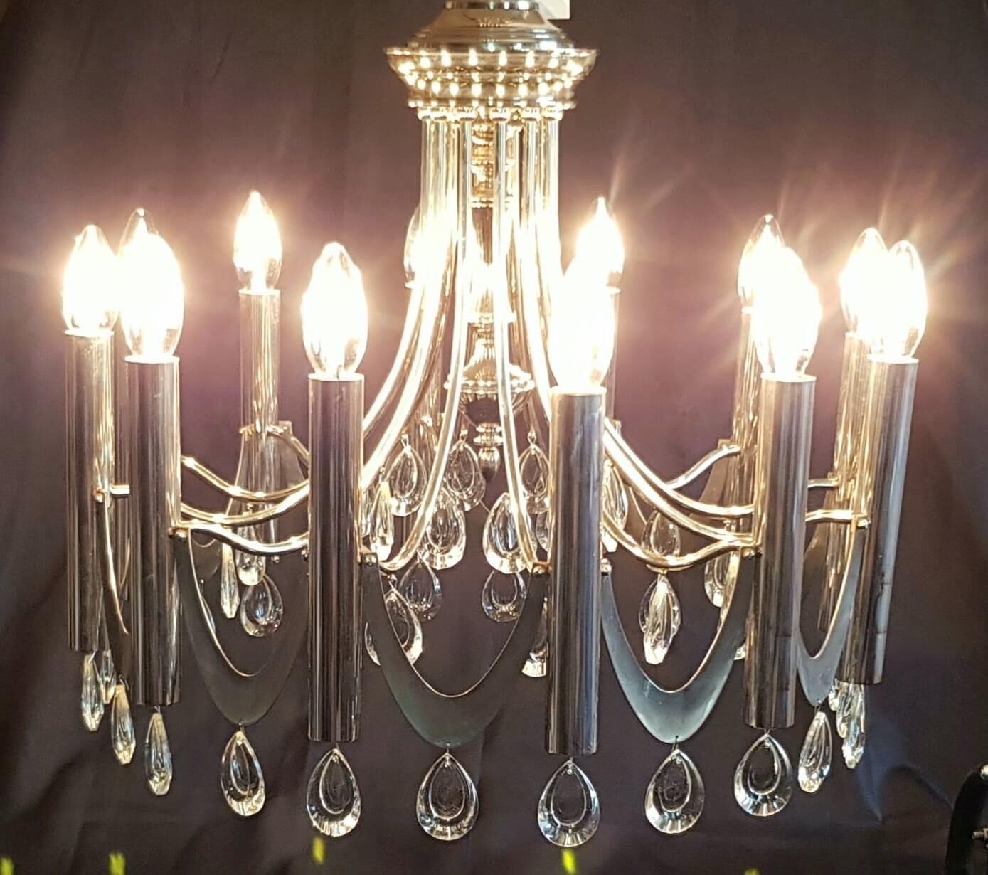 Magnificent rare large chandelier design chromed metal, stainless steel, tassels crystal pop age