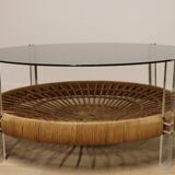 Table basse vintage en verre, rotin et lucite années 70