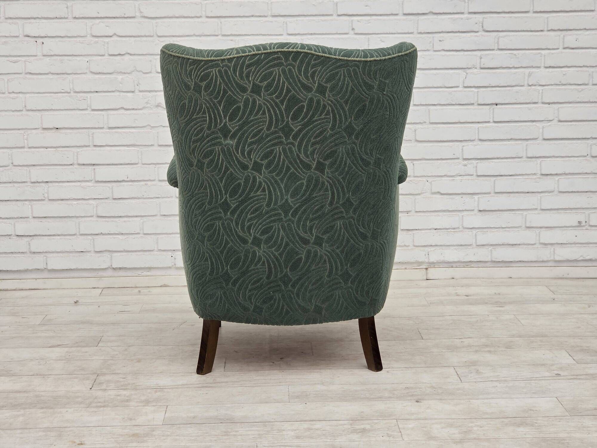 1960s, Danish armchair, green furniture velour, beech wood.