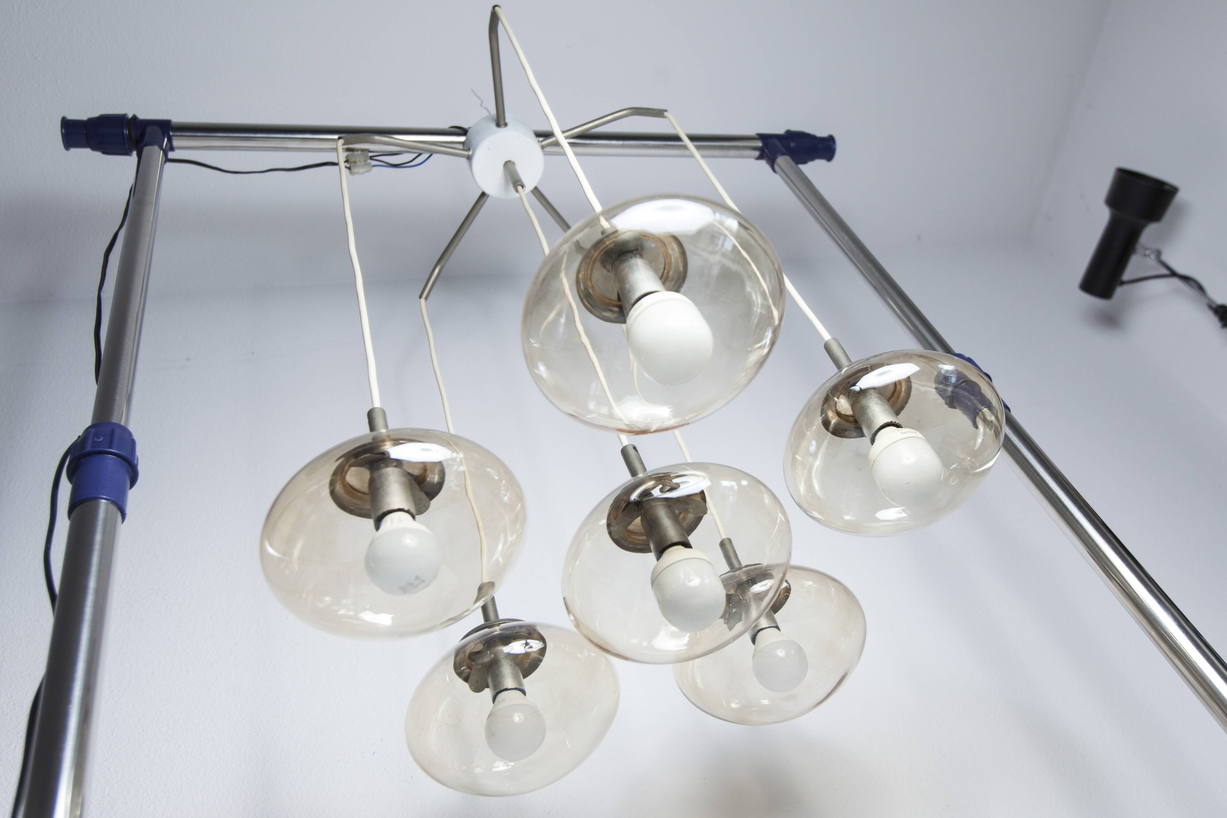 Light smoked glass water drop chandelier with 6 drops from the 1960s.