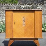 Buffet bois vintage, buffet 1 porte avec pieds compas, meuble de rangement, petit bahut