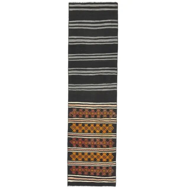 1970s Turkish Oushak Handmade Wool Cotton Black Runner Rug 63x246