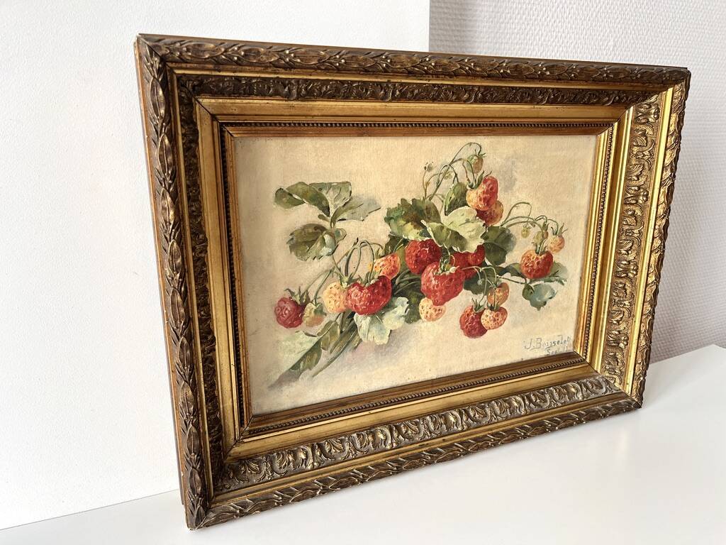 Oil on canvas of a still life with strawberries 1911, antique framed painting