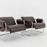 1950s Pair of Tubular Armchairs in Leather, Czechoslovakia