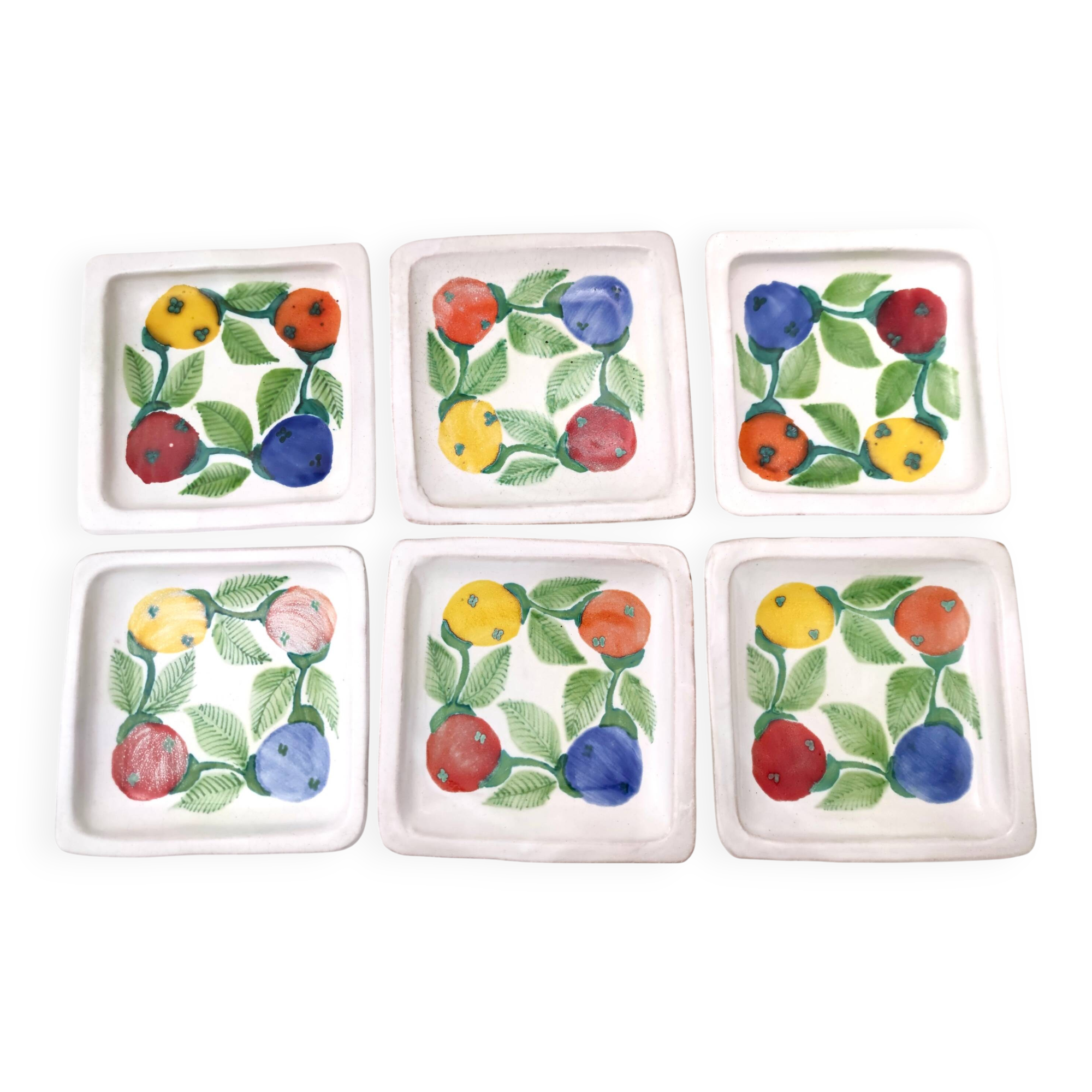 Set of Six Vintage Square Hand-Crafted Earthenware Plates by De Simone, Italy