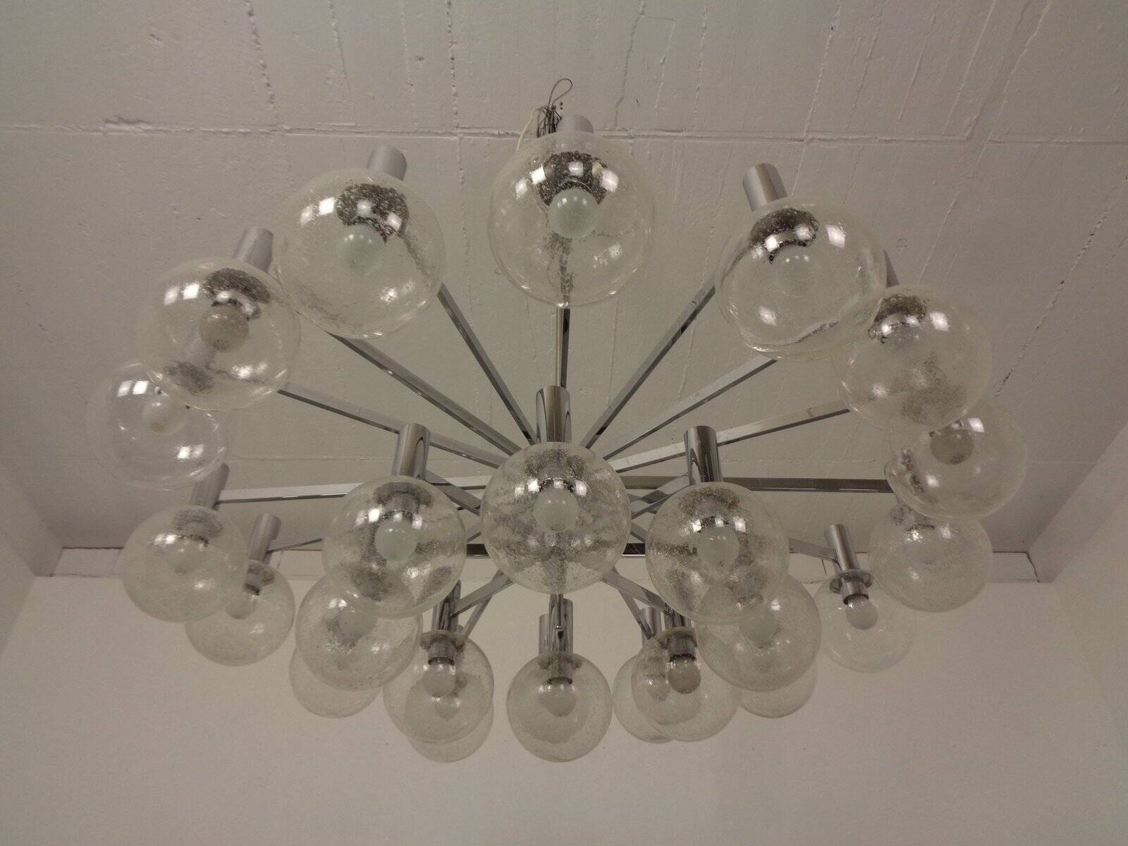 Large chromed spider Sputnik lamp with 24 hand-blown ice glass balls from Ott International, Germany, 1960s.