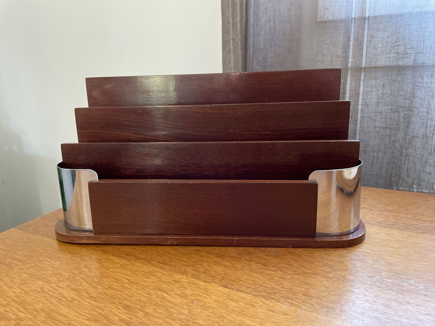 Art deco mail rack mahogany and chrome