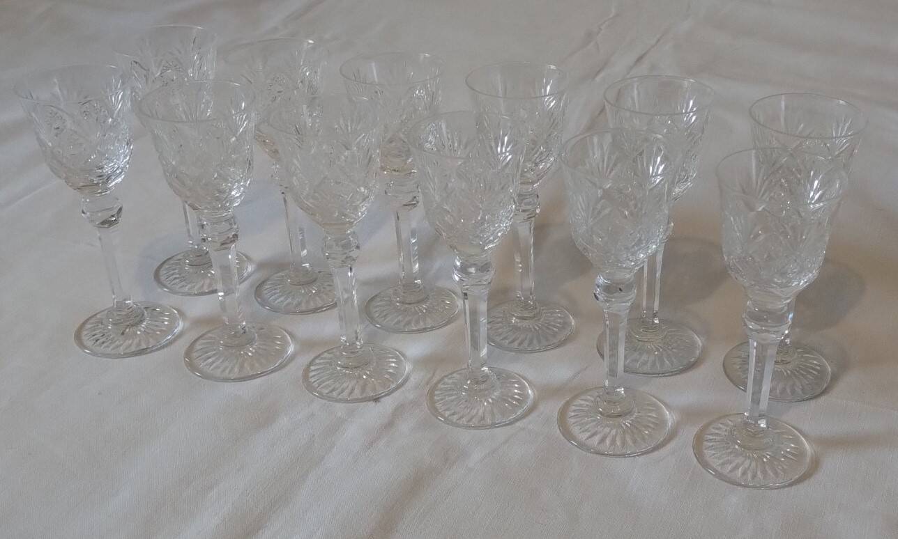 Set of 12 stemmed cut crystal liqueur glasses