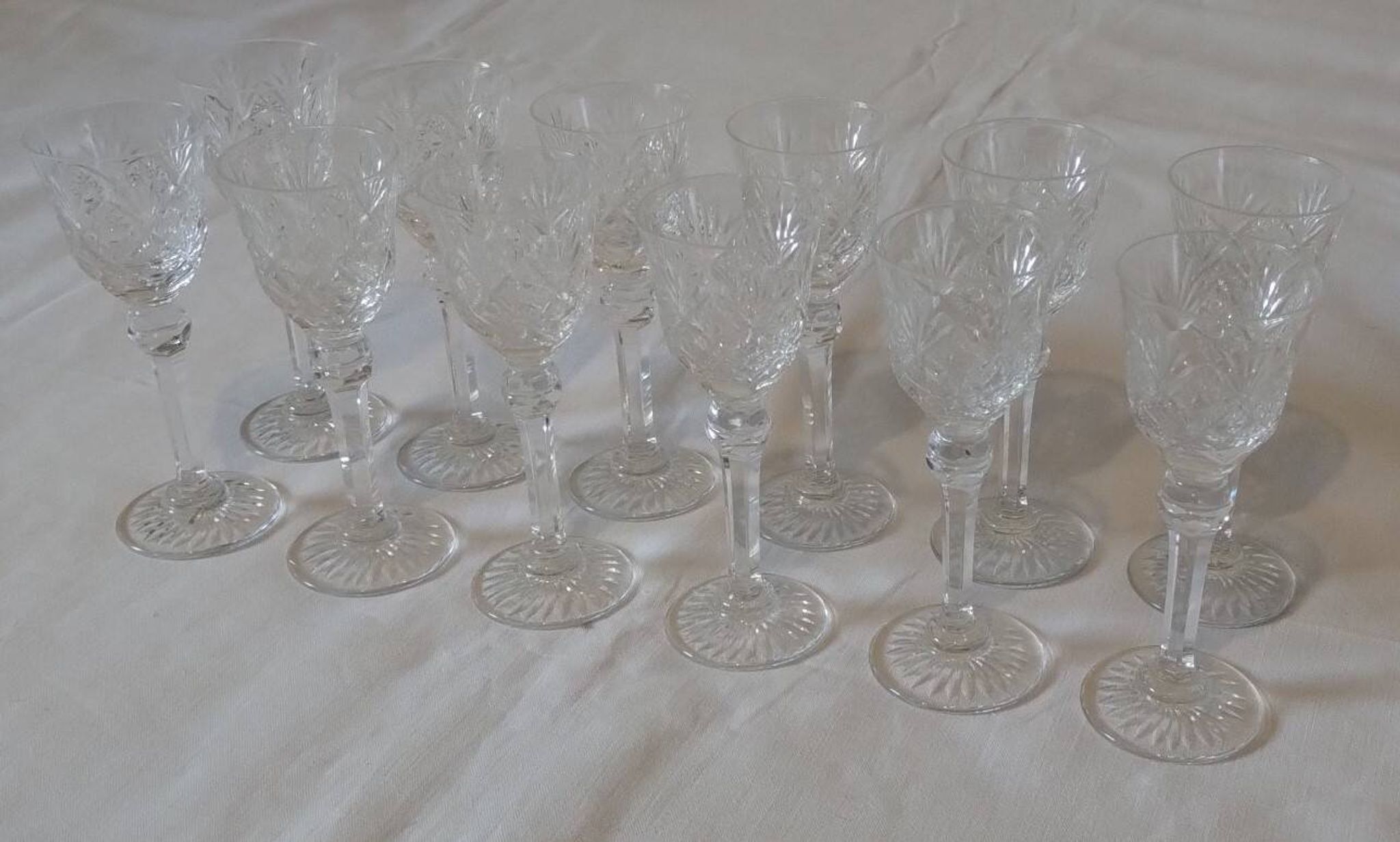 Set of 12 stemmed cut crystal liqueur glasses
